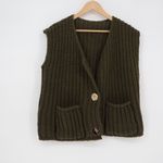 Olive Green Chunky Knit Sleeveless Vest Cardigan Pockets Buttons XL Photo 1