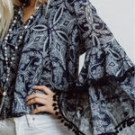 MISA Los Angeles Maya Bell-Sleeve Top Paisley Pom Trim Navy Blue Size XS Photo 0