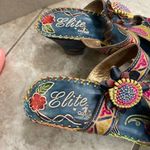 Corkys by elite Navajo T Strap Leather Floral Accent Heel Sandals Sz 10 EUC Blue Photo 2