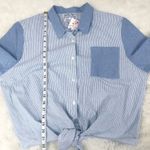 VINTAGE Deadstock 80s 90s Cropped Button Down Shirt Tie Waist‎ Boxy Size XL New Blue Photo 10