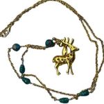 Forest God gold tone deer buck and Jade green beads stones cut out long necklace Photo 0