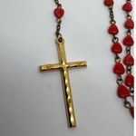Vintage 1980 Heart Beads Rosary Necklace Gold Tone Religious Cross Pendant *read Red Photo 1