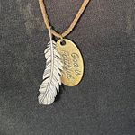Leather Necklace with feather pendant and oval pendant that says God is Faithful Photo 0