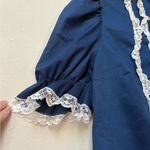 Vintage Handmade Navy Lace Puff Sleeve Blouse – Romantic Cottagecore Medium Blue Photo 3