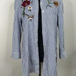Modavanti Embroidered Floral Bird Nautical Striped Button Down Blouse Size L Photo 1