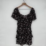 ROW A Black Pink Floral Ruffle Tiered Mini Dress Short Sleeve Square Neck M Size M Photo 5