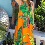 Farm Rio ANTHROPOLOGIE Tropical Leaves Print Halter Maxi Dress XXS Orange Photo 13