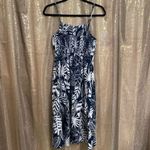 Old Navy Blue White Leaf Pattern Buttoned Linen Sun Dress, Small Photo 1