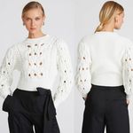 Amur Cynthia Cotton Puffed Sleeve Cable Crochet Knit Sweater White Womens Size M Photo 0