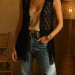Vintage And How Paris NY Black Crochet Fringe Vest Boho 70s Western Sz M Size M Photo 0