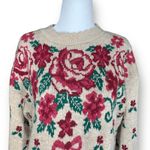 Vintage 90s Sweater Tan Burgundy Floral Bow Knit Design Scalloped Neck Coquette Photo 4
