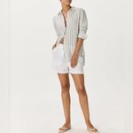 Quince  Black Striped European Linen Long Sleeve Preppy Coastal Fisherman Shirt L Photo 1