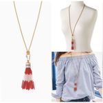Stella & Dot Retired Coral Red Gold Beaded Brio Tassel Necklace Long Photo 1