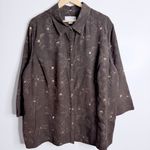 Sag Harbor Brown Floral Embroidered Blouse 3X Suede Feel Cuff Slit Casual Boho Photo 0