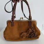 Patricia Nash Rora Frame Satchel Bag Brown Suede Leather Tan Flower Appliqué Photo 0
