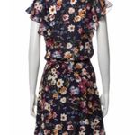 Parker π Floral Silk A-Line V Neck Dress π Scalloped Ruffles π Navy π XS Photo 2