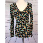 CAbi  Small Long Sleeve Shirt Faux wrap ruched Gathered Front Geometric‎ Colorful Photo 5