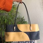 90s/2000s Y2K Vintage Office Siren patchwork checkered rectangular boxy shoulder hand bag purse cream tan beige navy blue denim silver accents. #whimsygoth #fairycore #classic #western boho country gothic Photo 0