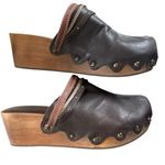 Olukai Dark Brown Leather Scallop Wood Slip On Clog Size 7 Photo 3