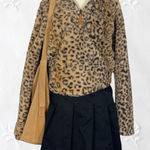 Y2K Fuzzy Brown Tan Soft Warm Leopard Animal Print Fleece Sweater M Medium Photo 1