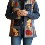 Tiara International TIARA Vintage Patchwork Enbroidery Full Zip Cardigan Sz M Blue Retro Cottage Y2K Photo 0