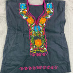 Womens Black Embroidered Mexican Tunic Top Short Sleeve Floral Blouse Festival Size L Photo 0
