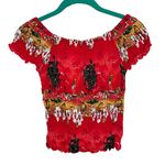 Vtg Y2K Hawaiian Tropical Smocked Crop Top Sz Small Red Beach Photo 0