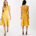 French Connection NEW  UK Almedina Drape Frill Neck Midi Dress Marigold Yellow Lg Photo 2