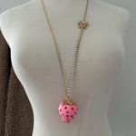 Betsey Johnson Pink Strawberry Red Rhinestone Long Necklace Gold Tone Photo 4