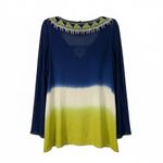 Kay Celine  Womens Beaded Boho Tunic Blouse L Blue Green Ombré Sheer Coastel Vaca Photo 1