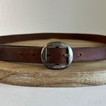1995 Brown Distressed Genuine Leather Silver Solid Brass Buckle Belt Size Large Photo 0