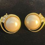 VTG Monet Earrings Clip On Gold Tone Faux Pearl Rhinestones Coquette Prom Formal Photo 0