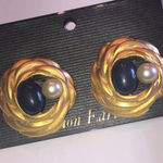 Elegant Vintage Gold Tone and Navy Blue Earrings with Faux Pearl Accent Photo 0