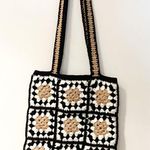 Vintage Crochet Handmade Shoulder Bag Black Tan White Photo 0