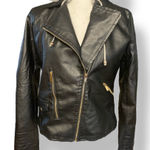 Stylish Black Faux Leather Moto Jacket with Gray Hood Faux Fur Lined Size Small Photo 0