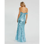 Mac Duggal  NWT One Shoulder Mesh Sequin Gown w/Slit in Aqua Size 2 Photo 2