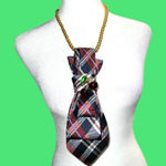 Dainty Dapper”Plaid Necktie Necklace with Gold Beads and cherry brooch. Red Photo 0