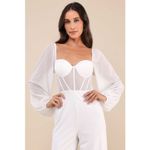 Lulus NWT  Magnetic Glamour White Balloon Sleeve Mesh Bustier Jumpsuit Elegant XS Photo 11