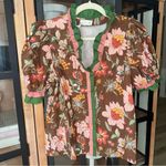 Entro ruffle blouse floral puff short sleeve neck mock pink thanksgiving top Photo 1