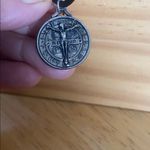 Vintage Saint Benedict Crucifix, Medal Necklace, Sterling Silver Jesus on back Gray Photo 3