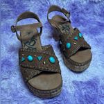 OTBT  Leather Brown & Turquoise Chunky Cahoot Espadrille Platform Wedge Sandals Photo 1