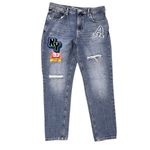 No Boundaries  Patchwork Straight Leg Jeans Varsity Appliqué Mid Rise Blue 11 Photo 1