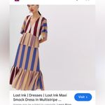 New Lost Ink Chic Striped Midi Dress in Burgundy and Pink | Size Medium Red Photo 2