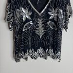 Vintage Silk Sequin Beaded Shirt Womens Medium Black Silver Party Evening 80s Photo 3