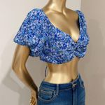 Wild Fable Women's Blue Floral Print Short Sleeve Cropped Top Size L Photo 2