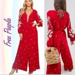 Free People  Boho Embroidered V Neck Red Jumpsuit Photo 1