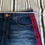 No Boundaries NOBO Mid Rise Denim Mini Skirt 17 Red Side Stripes Frayed Hem Early 2000s Trendy Photo 2