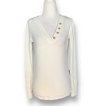Loft  Shirt Cream Ribbed Vneck Button Detail Long Sleeve Retro Top Size Small Photo 8