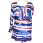 Alfred Dunner Womens Top Size M Blue Pink Striped Watercolor Print Rhinestones Size M Photo 1