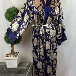 Adonna  Blue & Tan Floral Print Satin Short Long Sleeve Belted Robe XS Photo 0